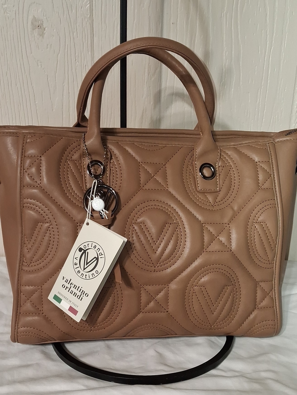 Valentino Orlandi Quilted Taupe Leather Tote Set with Embossed Logo